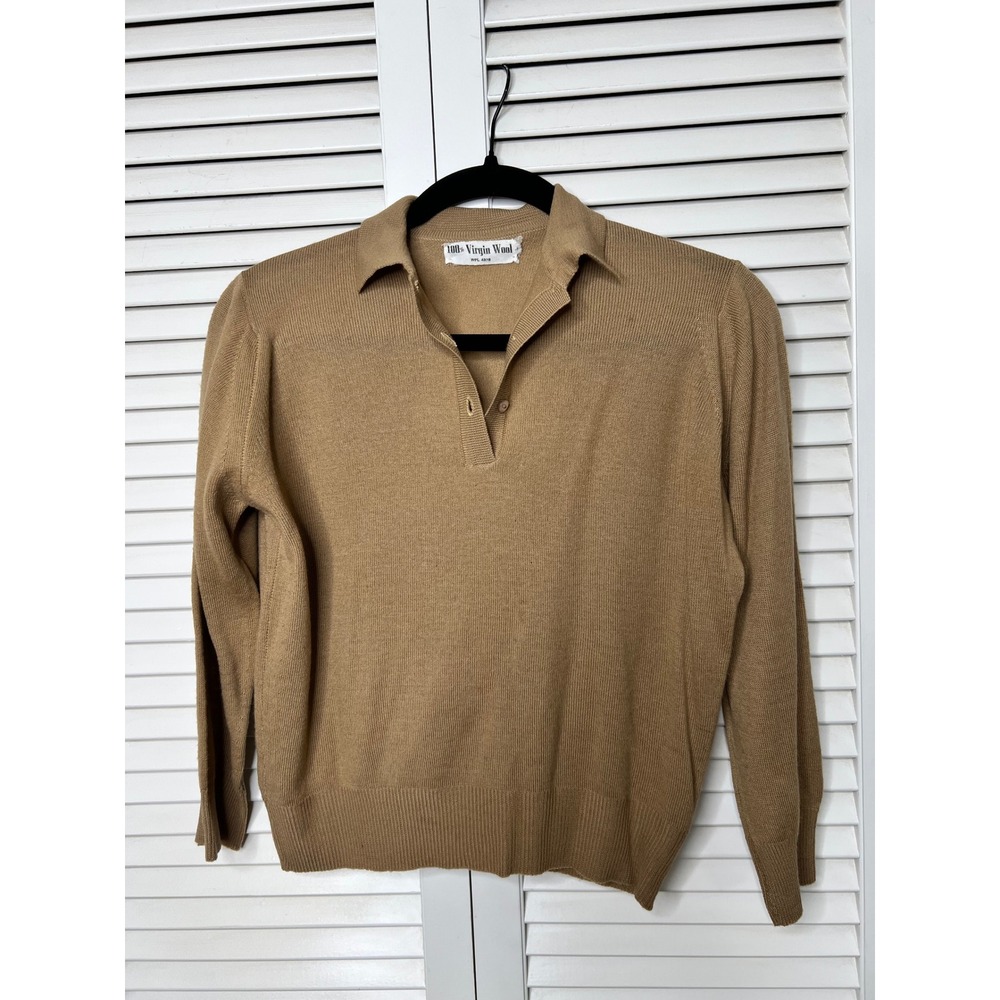 Vintage 1950s Wool Popover Sweater Camel Collared Pullover WPL 4378 USA Made